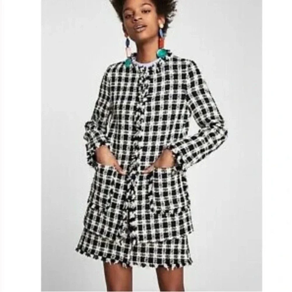 Zara tweed frayed checkered overcoat size M
